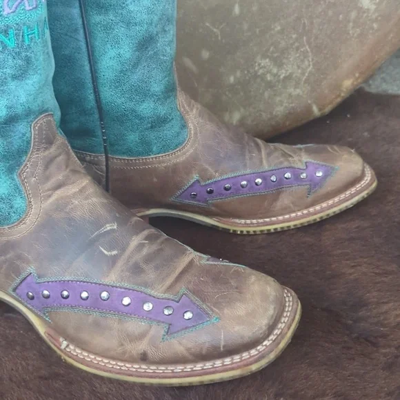TIN HAUL ladies "WILD ROSE" cowboy boots brown/teal/purple leather Arrows sz 8 - Picture 8 of 16
